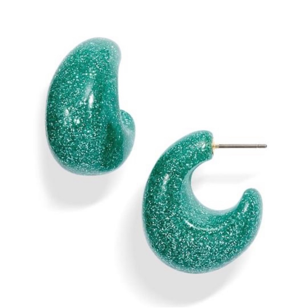 Kate Spade NWT Teal Glitter Huggie Hoop Earrings - Picture 6 of 7